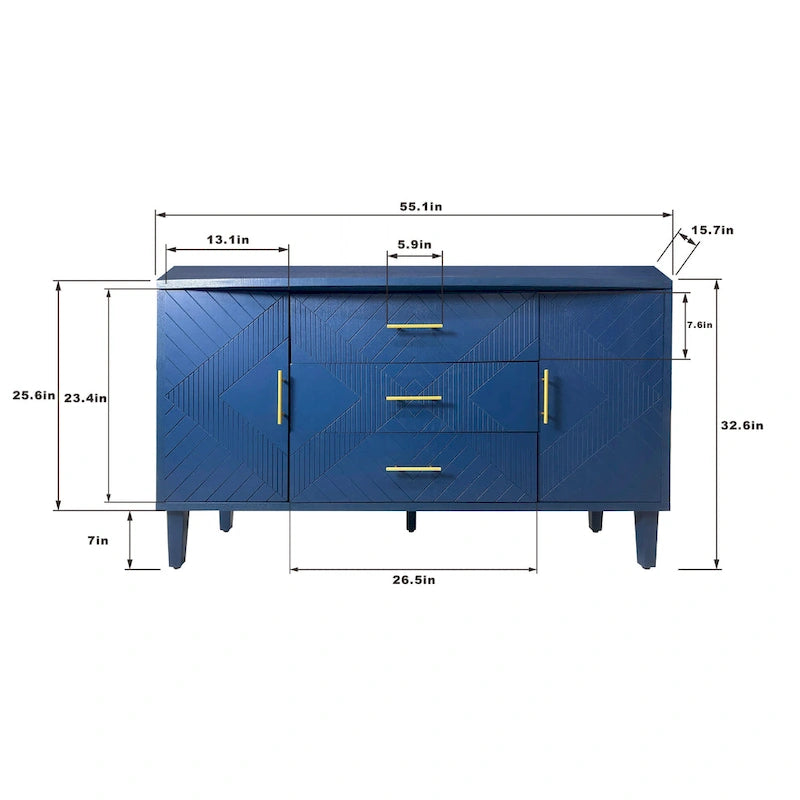 Meuble de rangement 4 portes avec tiroirs et poignées dorées, Bleu, Champagne, Bleu marine