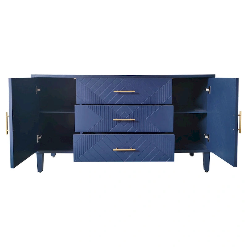 Meuble de rangement 4 portes avec tiroirs et poignées dorées, Bleu, Champagne, Bleu marine