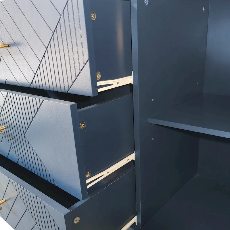 Meuble de rangement 4 portes avec tiroirs et poignées dorées, Bleu, Champagne, Bleu marine