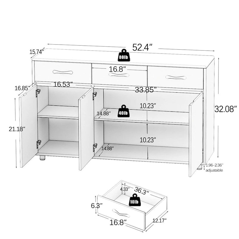 Bahut de rangement blanc avec 3 tiroirs et 3 portes