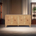 Buffet en Bois Naturel Sculpté de Fleurs à 4 Portes avec Rangement, Finition Naturelle
