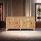 Buffet en Bois Naturel Sculpté de Fleurs à 4 Portes avec Rangement, Finition Naturelle