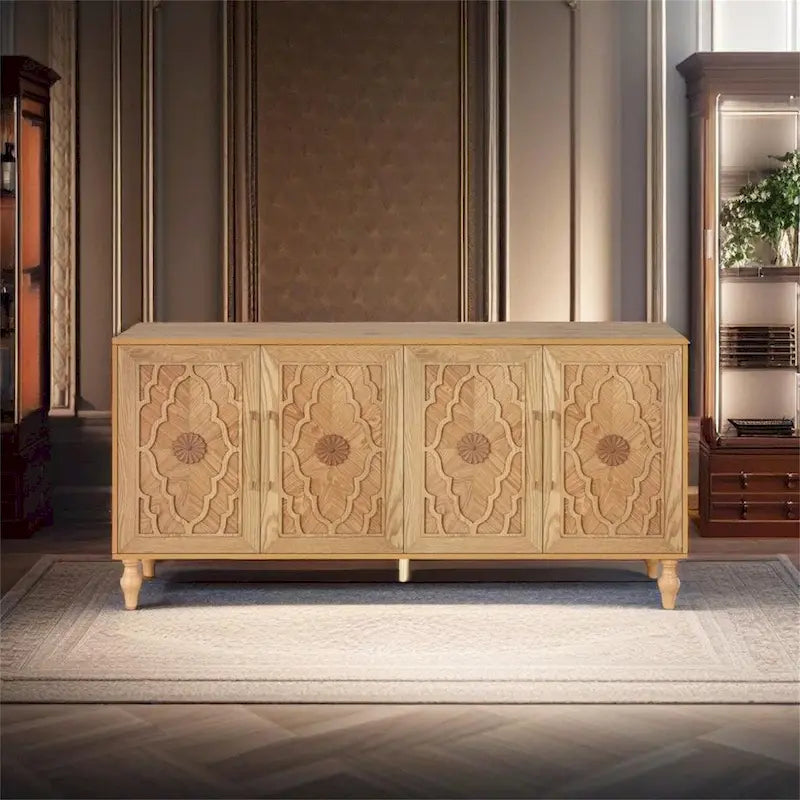 Buffet en Bois Naturel Sculpté de Fleurs à 4 Portes avec Rangement, Finition Naturelle