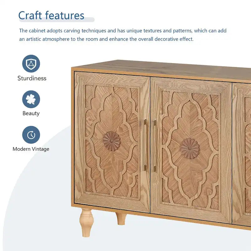 Buffet en Bois Naturel Sculpté de Fleurs à 4 Portes avec Rangement, Finition Naturelle