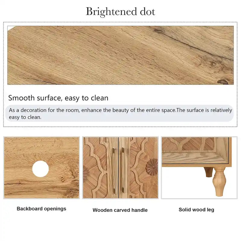 Buffet en Bois Naturel Sculpté de Fleurs à 4 Portes avec Rangement, Finition Naturelle
