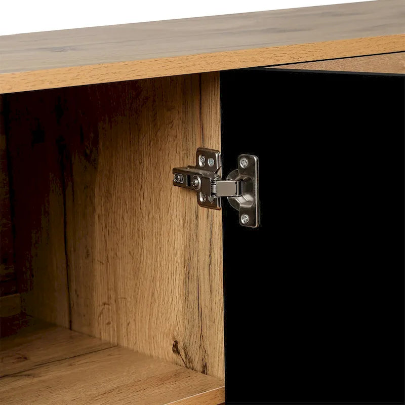 Buffet en Bois Naturel Sculpté de Fleurs à 4 Portes avec Rangement, Finition Naturelle