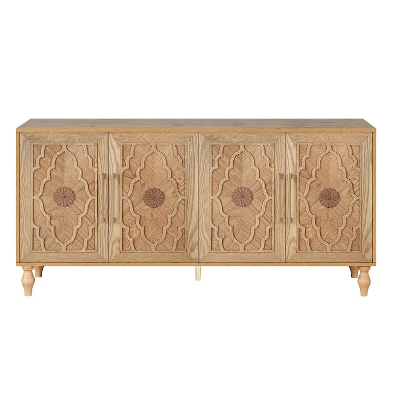 Buffet en Bois Naturel Sculpté de Fleurs à 4 Portes avec Rangement, Finition Naturelle