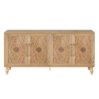 Buffet en Bois Naturel Sculpté de Fleurs à 4 Portes avec Rangement, Finition Naturelle