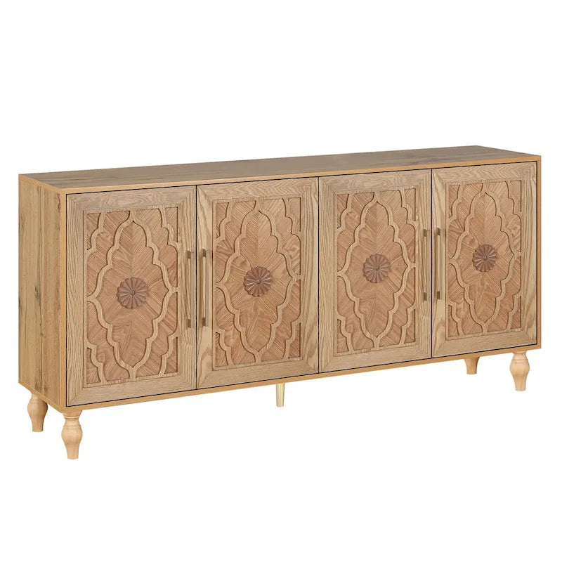 Buffet en Bois Naturel Sculpté de Fleurs à 4 Portes avec Rangement, Finition Naturelle