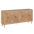 Buffet en Bois Naturel Sculpté de Fleurs à 4 Portes avec Rangement, Finition Naturelle