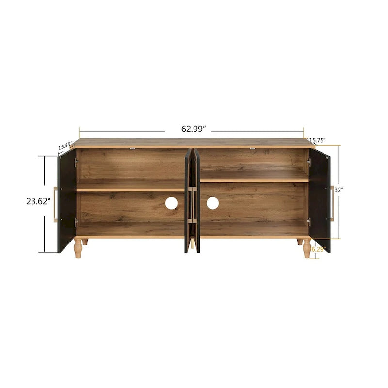 Buffet en Bois Naturel Sculpté de Fleurs à 4 Portes avec Rangement, Finition Naturelle