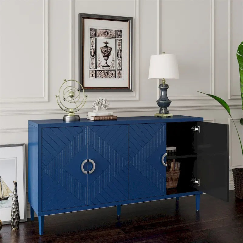 Meuble de rangement 4 portes en placage bois avec portes sculptées et pieds métalliques bleu marine