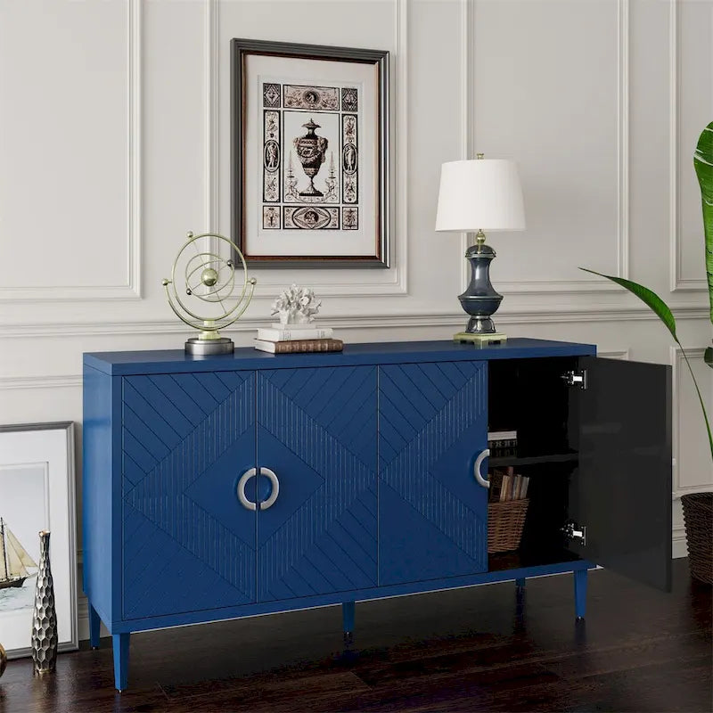 Meuble de rangement 4 portes en placage bois avec portes sculptées et pieds métalliques bleu marine