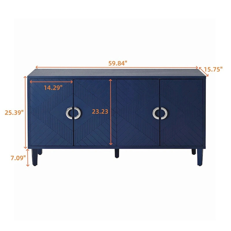 Meuble de rangement 4 portes en placage bois avec portes sculptées et pieds métalliques bleu marine