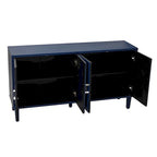 Meuble de rangement 4 portes en placage bois avec portes sculptées et pieds métalliques bleu marine