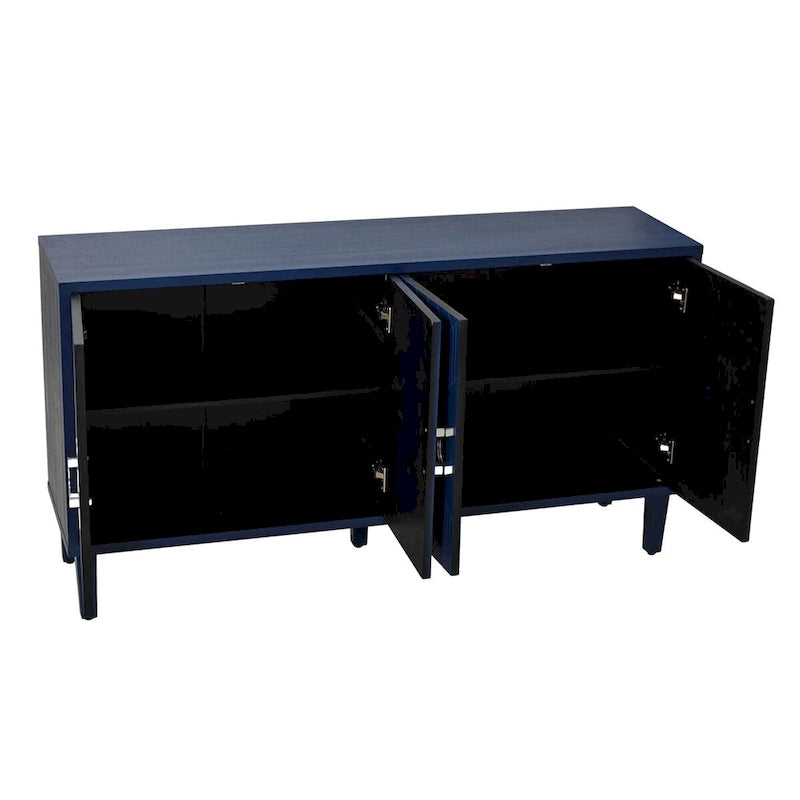 Meuble de rangement 4 portes en placage bois avec portes sculptées et pieds métalliques bleu marine