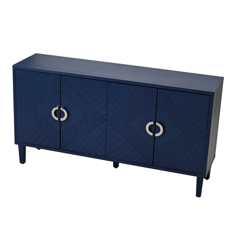 Meuble de rangement 4 portes en placage bois avec portes sculptées et pieds métalliques bleu marine
