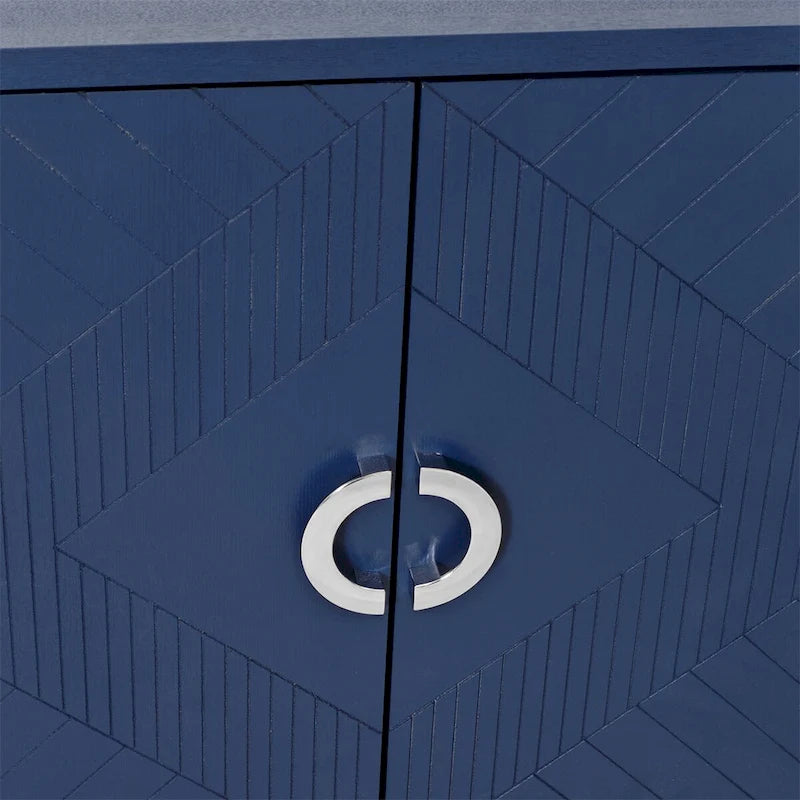 Meuble de rangement 4 portes en placage bois avec portes sculptées et pieds métalliques bleu marine