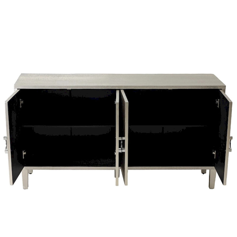 Meuble de rangement 4 portes en placage bois avec portes sculptées et pieds métalliques bleu marine