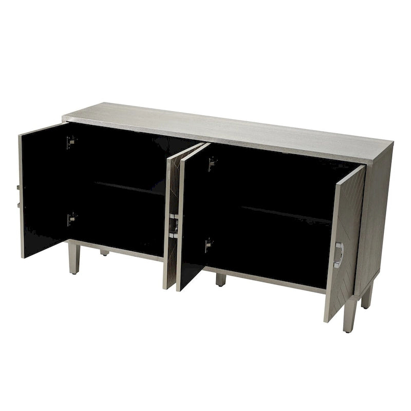 Meuble de rangement 4 portes en placage bois avec portes sculptées et pieds métalliques bleu marine