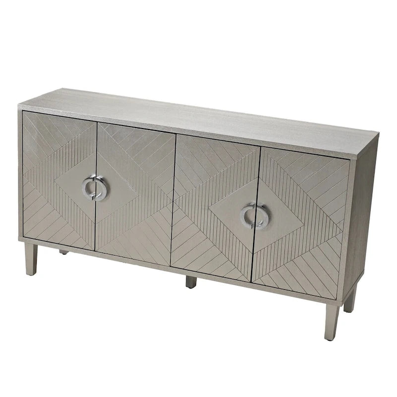 Meuble de rangement 4 portes en placage bois avec portes sculptées et pieds métalliques bleu marine