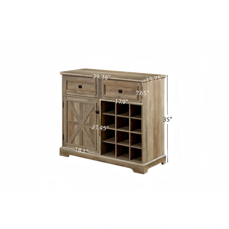 Buffet de ferme rustique avec casier à vin 2 tiroirs marron clair