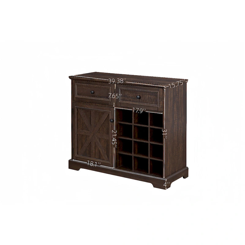 Buffet de ferme rustique avec casier à vin 2 tiroirs marron clair