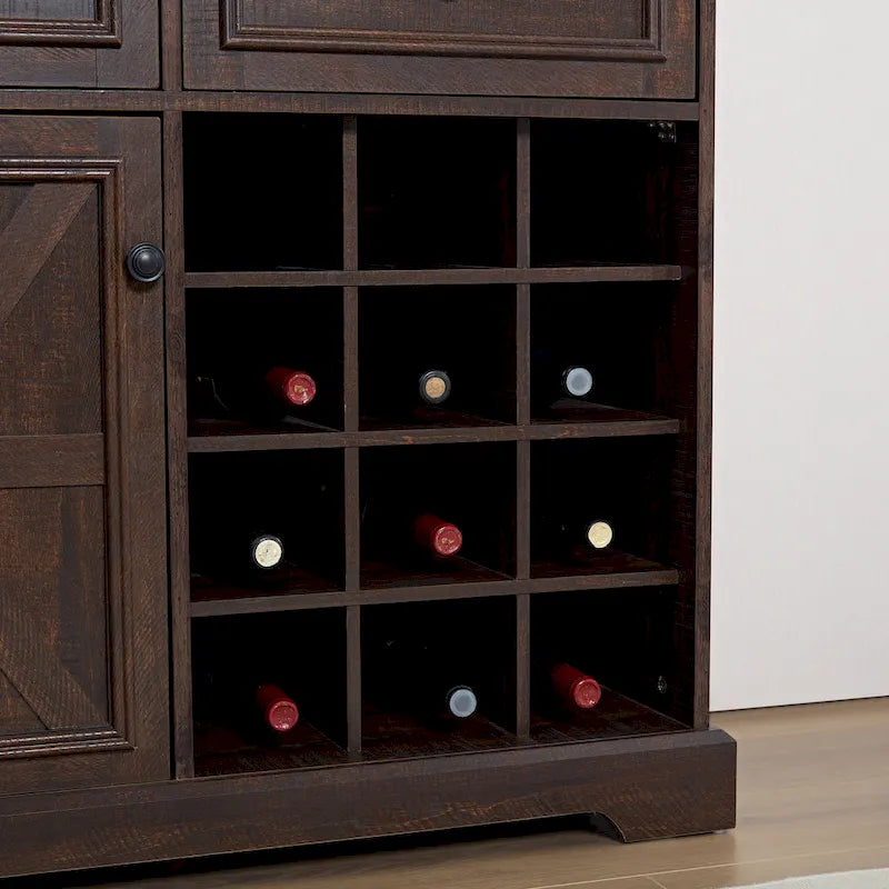 Buffet de ferme rustique avec casier à vin 2 tiroirs marron clair