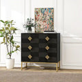 Meuble d'appoint à 3 tiroirs, bois noir, motif diamant sculpté, pieds en métal doré