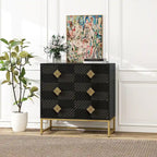Meuble d'appoint à 3 tiroirs, bois noir, motif diamant sculpté, pieds en métal doré