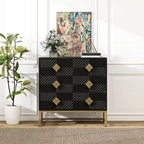 Meuble d'appoint à 3 tiroirs, bois noir, motif diamant sculpté, pieds en métal doré