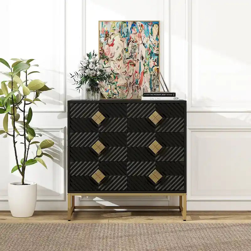 Meuble d'appoint à 3 tiroirs, bois noir, motif diamant sculpté, pieds en métal doré