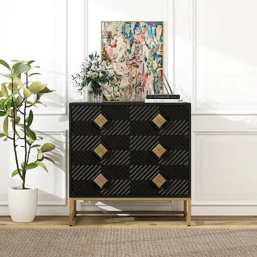 Meuble d'appoint à 3 tiroirs, bois noir, motif diamant sculpté, pieds en métal doré