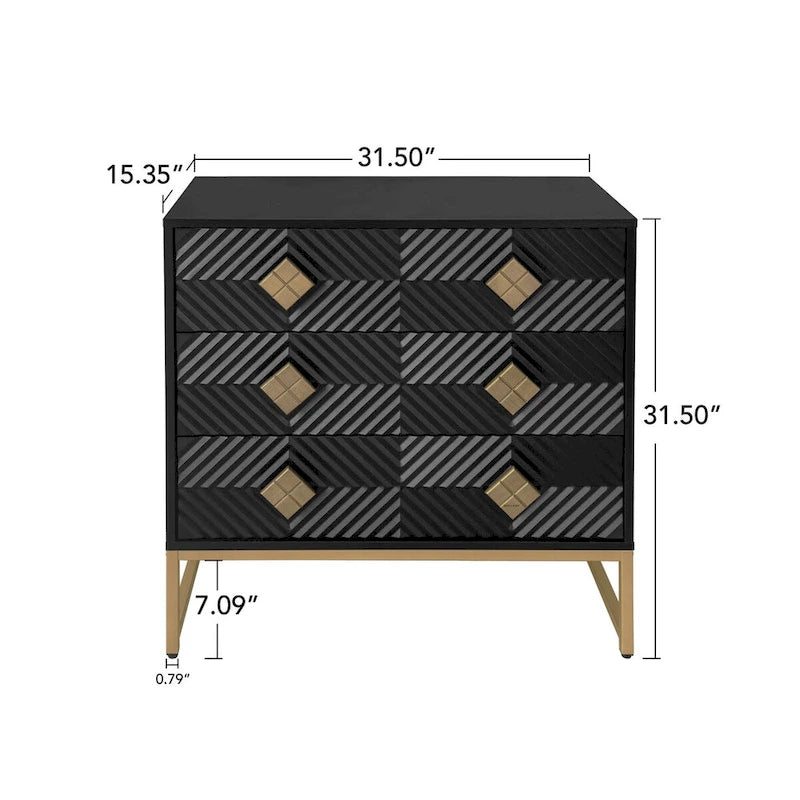 Meuble d'appoint à 3 tiroirs, bois noir, motif diamant sculpté, pieds en métal doré