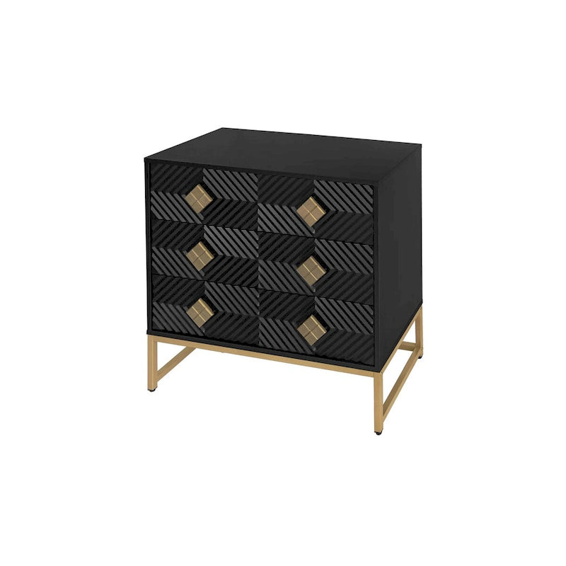 Meuble d'appoint à 3 tiroirs, bois noir, motif diamant sculpté, pieds en métal doré
