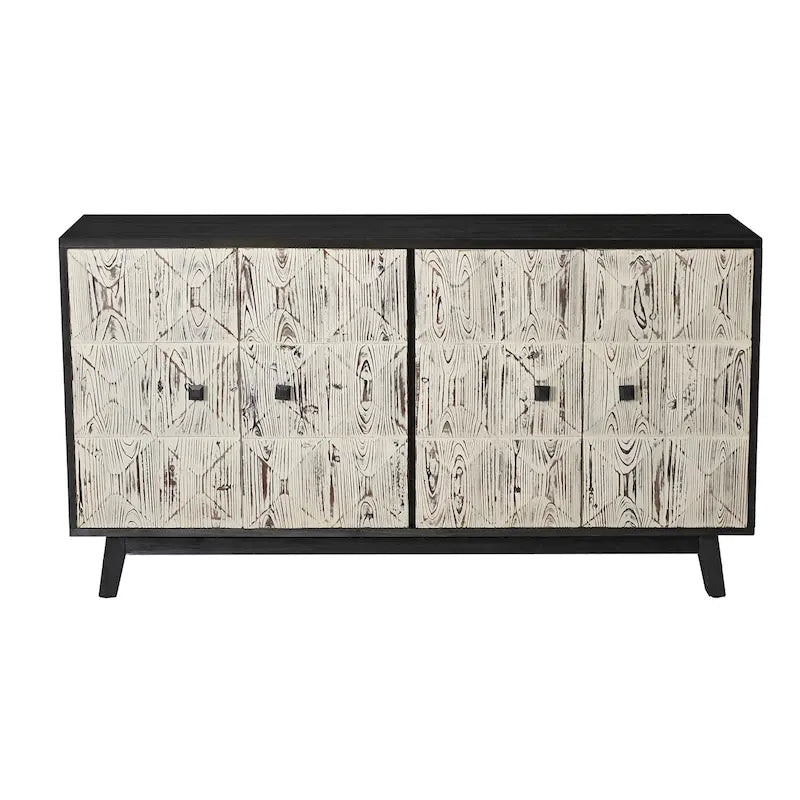 Buffet vintage 4 portes noir et blanc avec motifs de veines de bois sculptées en relief