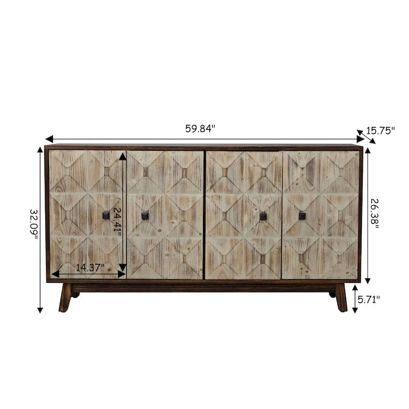 Buffet vintage 4 portes noir et blanc avec motifs de veines de bois sculptées en relief