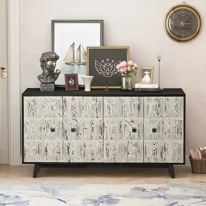 Buffet vintage 4 portes noir et blanc avec motifs de veines de bois sculptées en relief