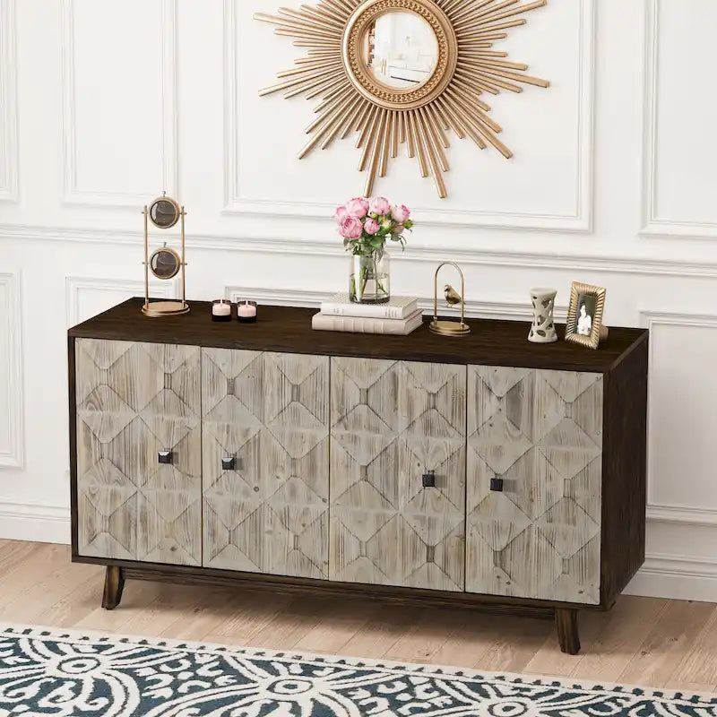 Buffet vintage 4 portes noir et blanc avec motifs de veines de bois sculptées en relief