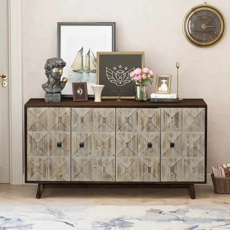 Buffet vintage 4 portes noir et blanc avec motifs de veines de bois sculptées en relief