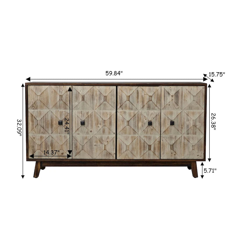 Buffet vintage 4 portes noir et blanc avec motifs de veines de bois sculptées en relief