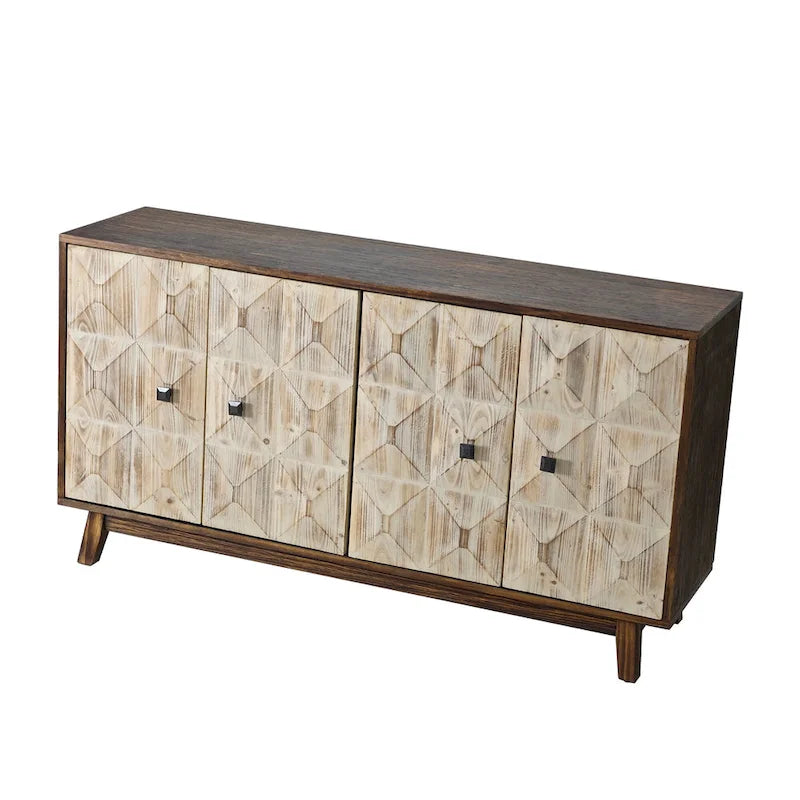 Buffet vintage 4 portes noir et blanc avec motifs de veines de bois sculptées en relief