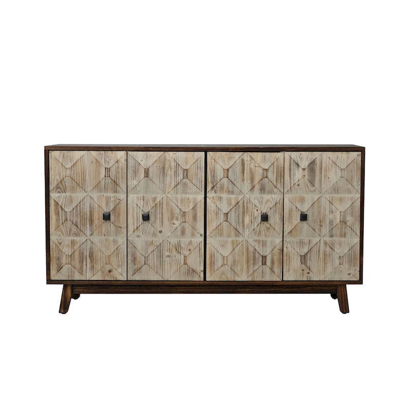 Buffet vintage 4 portes noir et blanc avec motifs de veines de bois sculptées en relief