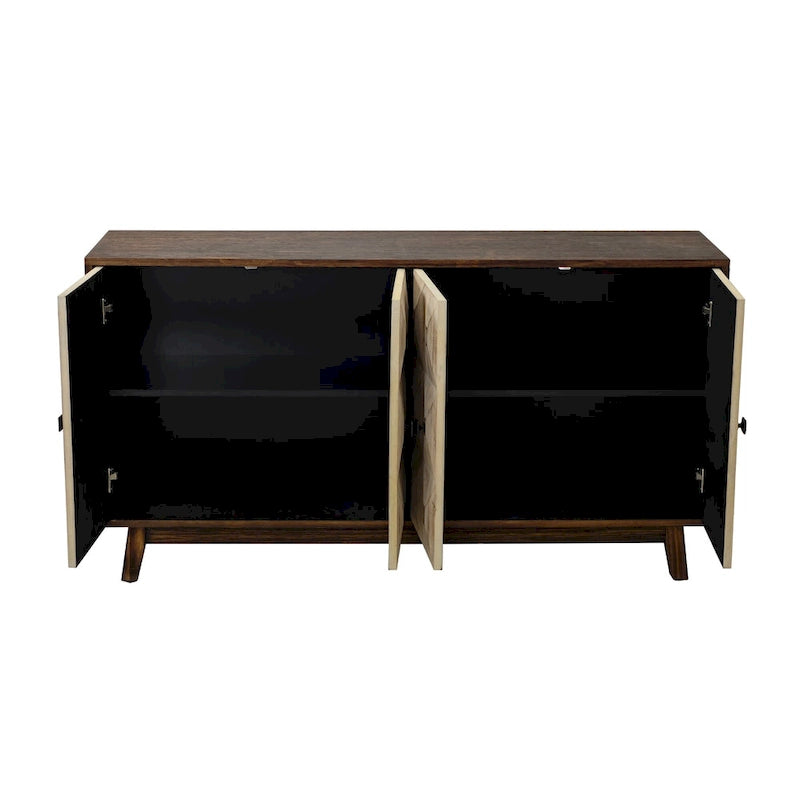 Buffet vintage 4 portes noir et blanc avec motifs de veines de bois sculptées en relief