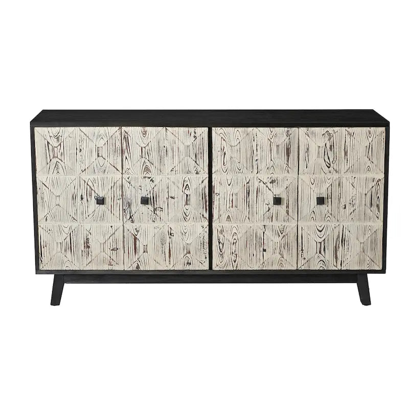 Buffet vintage 4 portes noir et blanc avec motifs de veines de bois sculptées en relief