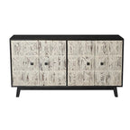 Buffet vintage 4 portes noir et blanc avec motifs de veines de bois sculptées en relief