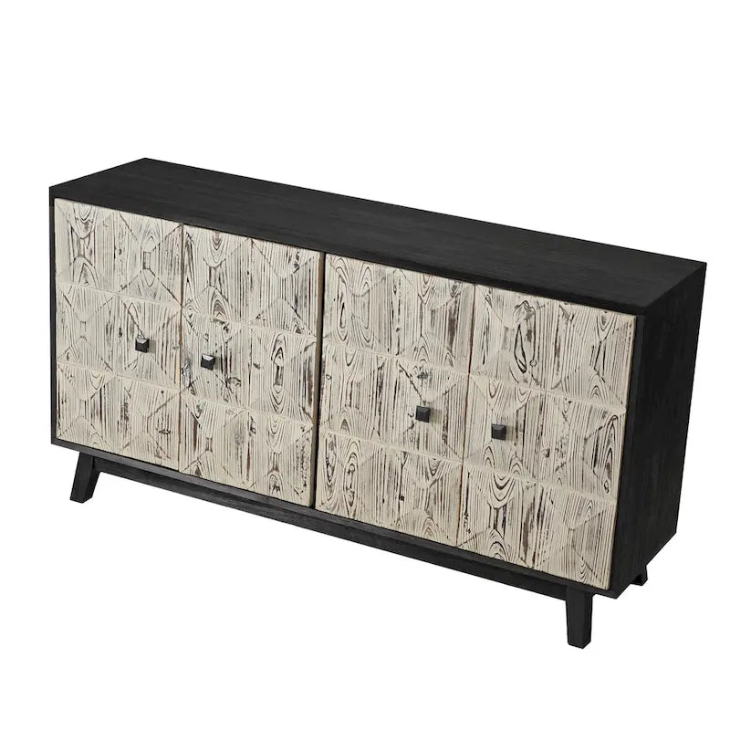 Buffet vintage 4 portes noir et blanc avec motifs de veines de bois sculptées en relief