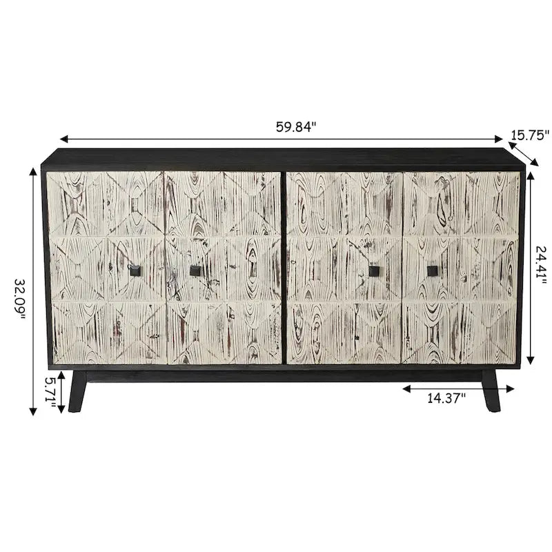 Buffet vintage 4 portes noir et blanc avec motifs de veines de bois sculptées en relief