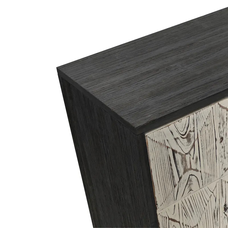 Buffet vintage 4 portes noir et blanc avec motifs de veines de bois sculptées en relief