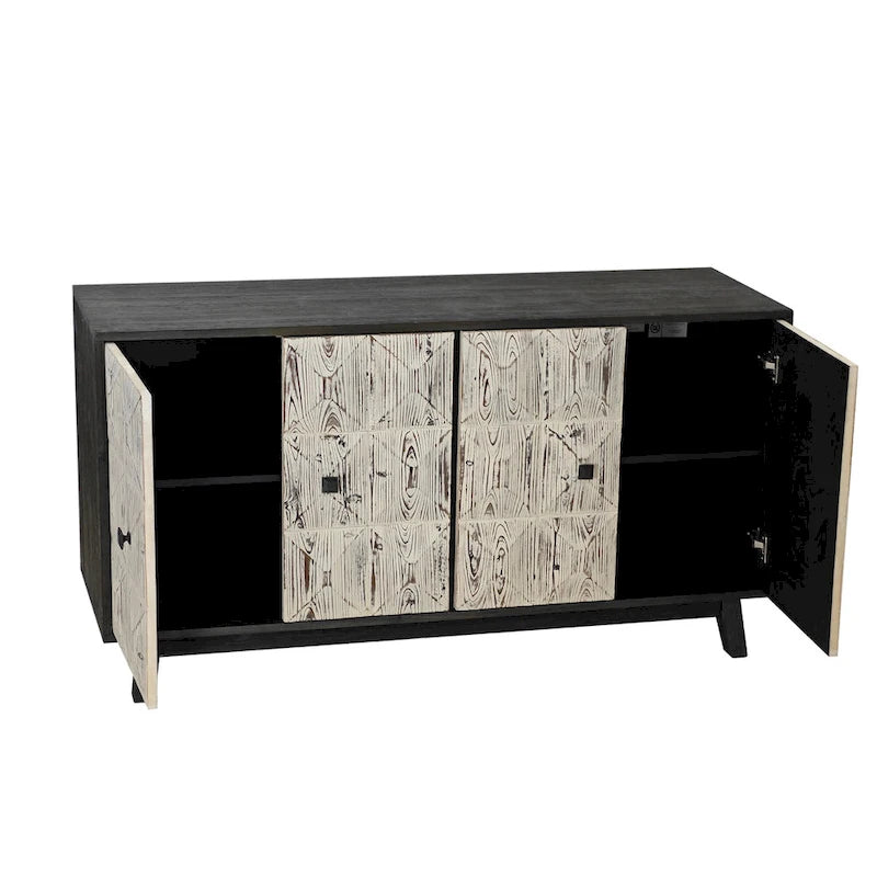 Buffet vintage 4 portes noir et blanc avec motifs de veines de bois sculptées en relief